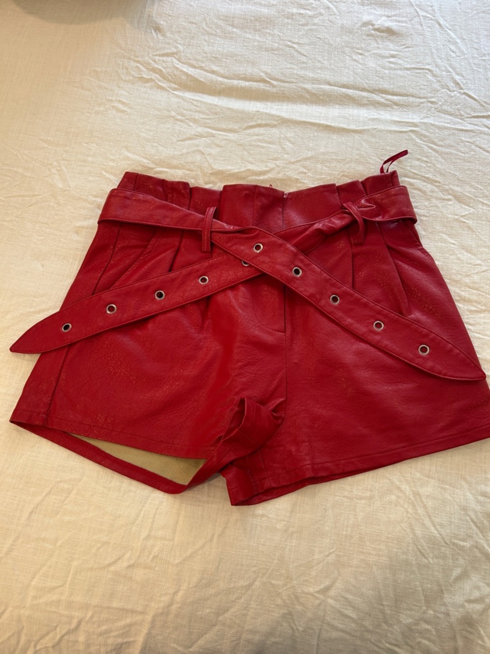 Red High-Waist Faux Leather Paperbag Shorts with Belt